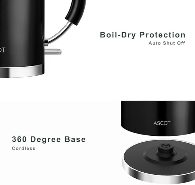 ASCOT Electric Kettle, Electric Tea Kettle Hot Water Kettle Stainless Steel Kettle 1.6L 1500W Retro Tea Heater & Boiling Water, Auto Shut-Off and Boil-Dry Protection (Black)