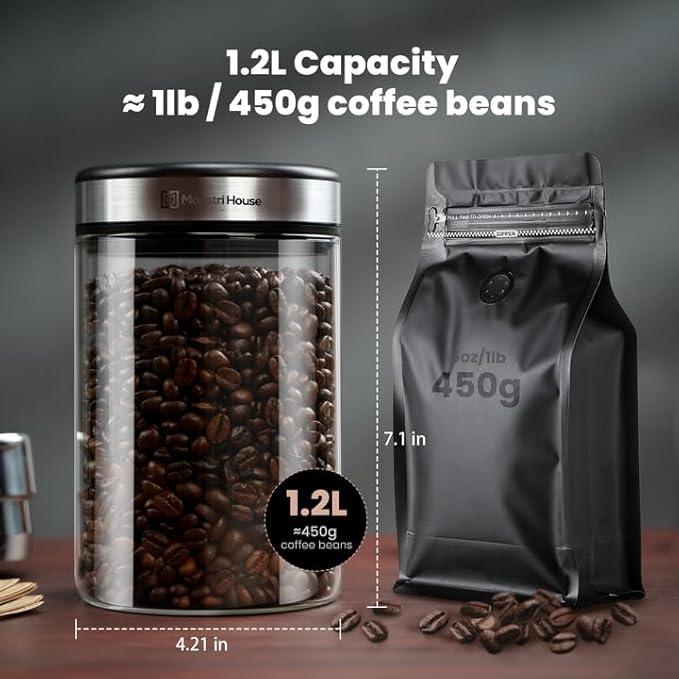 Maestri House Vacuum Coffee Canister with Spoon, 40 OZ AirTight Glass Coffee Bean Storage Container, Food Storage Jar, for 1 lb Beans, Grounds Coffee, Tea, Flour, Cereal, Sugar (Silver)