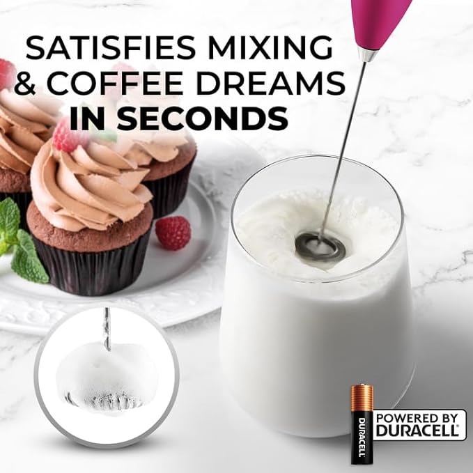 Zulay Kitchen Milk Frother Wand Drink Mixer with AA Duracell Batteries- Durable Handheld Milk Frother Electric Whisk - Easy-Clean Milk Frother Wand & Blender - Electric Coffee Frother - Dragonfruit