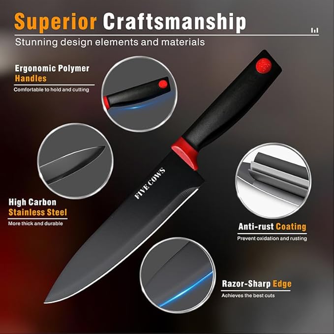 14 Pcs Kitchen Knife Block Set with Sharpener German High Carbon Stainless Steel Chef Knives, Razor-Sharp & Durable, Lightweight Anti-Slip Handle, Professional Set for Home & Kitchen (Red)