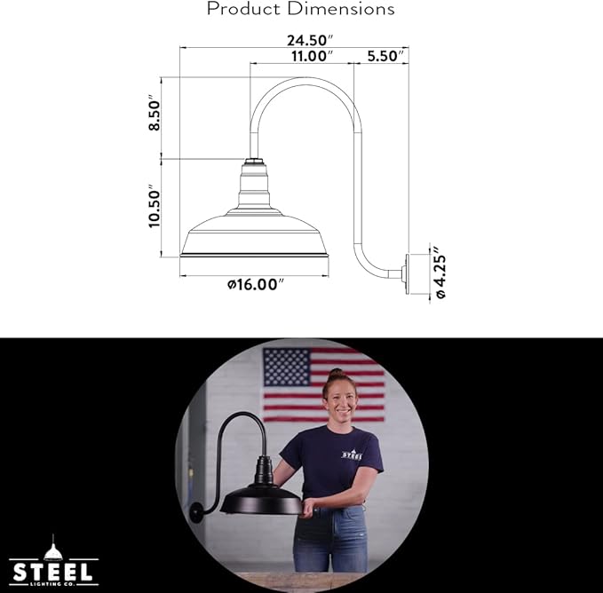 Steel Lighting Co. Gardena Barn Light | Outdoor Wall Mounted | 16" Dome | Upslope Gooseneck | Farmhouse Light Made in America | Black Exterior/White Interior