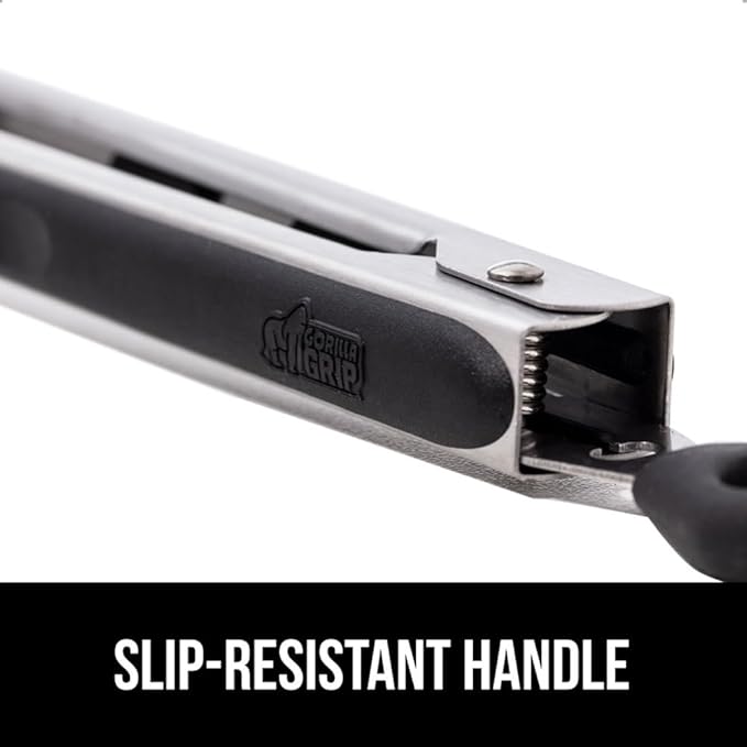 GORILLA GRIP Stainless Steel Heat Resistant Kitchen Tongs for Cooking, 12 + 14 Inch Set of 2 BBQ Tong, Non Scratch Silicone Tip for Pan, Strong Grip, Grab Food, Toss Salad, Air Fryer, Pull Lock, Black