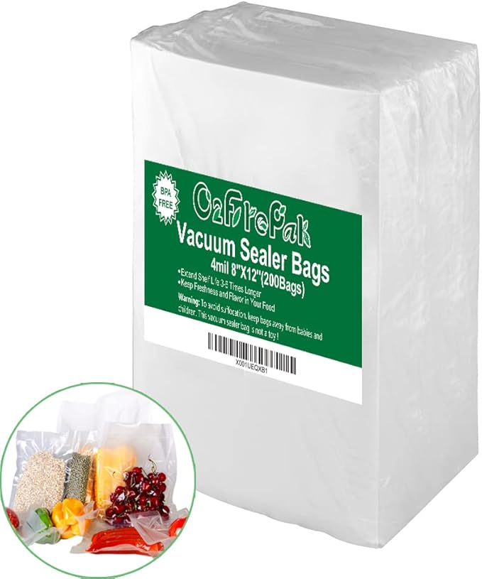 O2frepak 200 Quart Size 8" x 12" 4mil Thick Vacuum Sealer Bags with BPA Free and Puncture Prevention,Vacuum Seal Freezer Bags,Great for Sous Vide Vaccume Sealer PreCut Bags