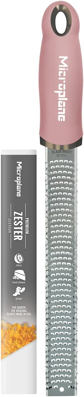 Microplane Zester Grater in Dusty Rose for Citrus Fruits, Hard Cheese, Ginger, Chocolate and Nutmeg with Fine Stainless Steel Blade - Made in USA