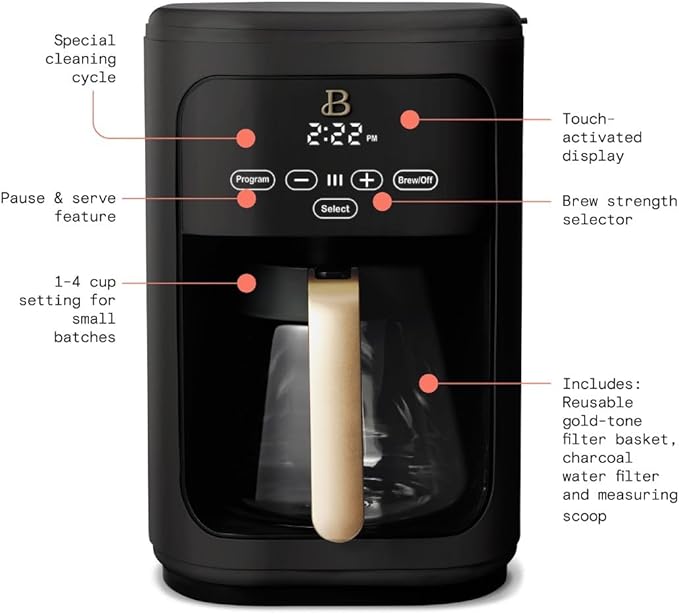 Beautiful Coffee Maker, 14-Cup, Touch-Activated Display, Programmable, Automatic Shut-Off, 1200W, Keep Warm, 24h Timer (Black Sesame)