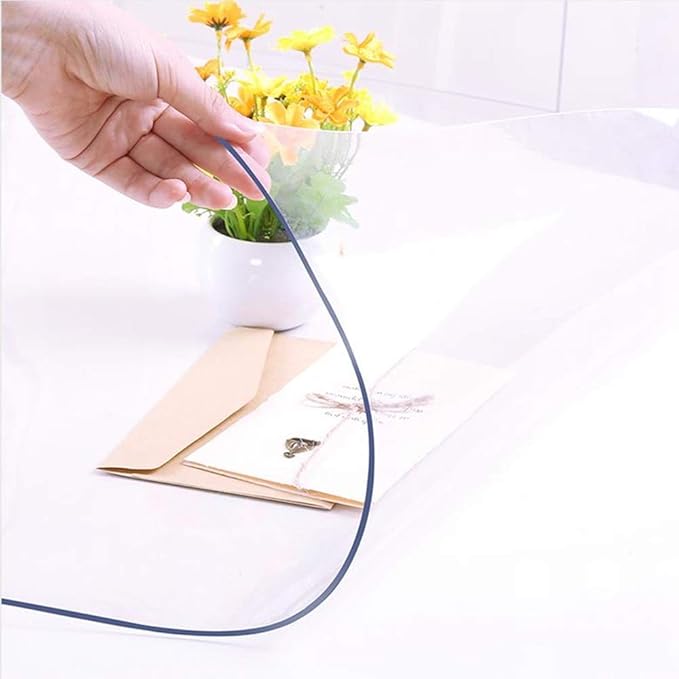 NECAUX Custom Multisize 1.5mm Thick Clear PVC Table Cover Protector - 36 x 108 Inch Kitchen Wood Grain Vinyl Transparent Table Pad for 9 Foot Plastic Protective Dining Room Table/Meeting Table