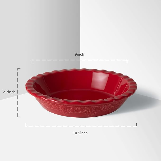 Fun Elements Pie Pan, 9 Inch Ceramic Pie Dish, Deep Dish Pie Pan with Lace Emboss, Ruffled Pie Plate for Baking, Thanksgiving Christmas Gifts, Set of 2, Red