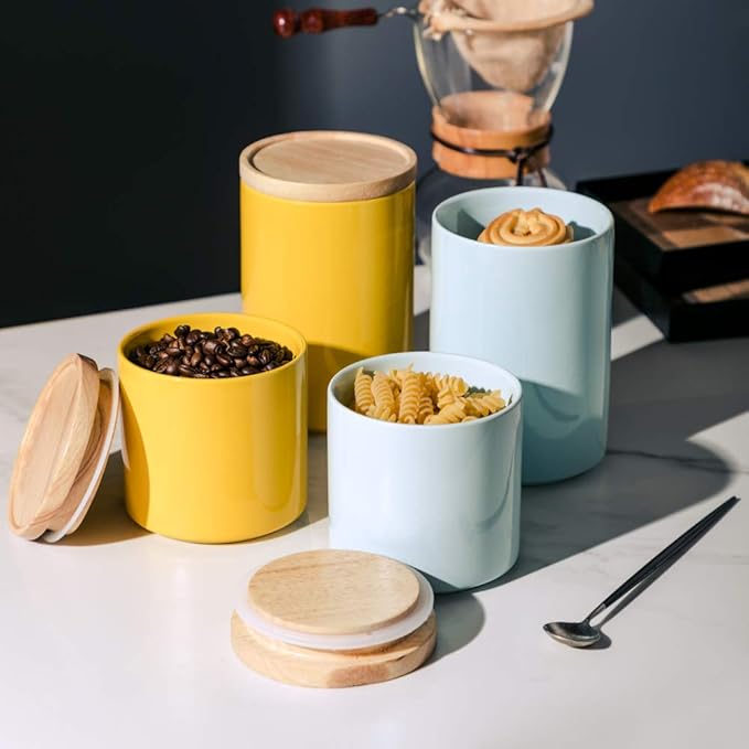 Sweejar Kitchen Canisters Ceramic Food Storage Jar, Stackable Containers with Airtight Seal Wooden Lid for Serving Ground Coffee, Tea, Sugar, Salt and More - 16 Fl Oz (Yellow)