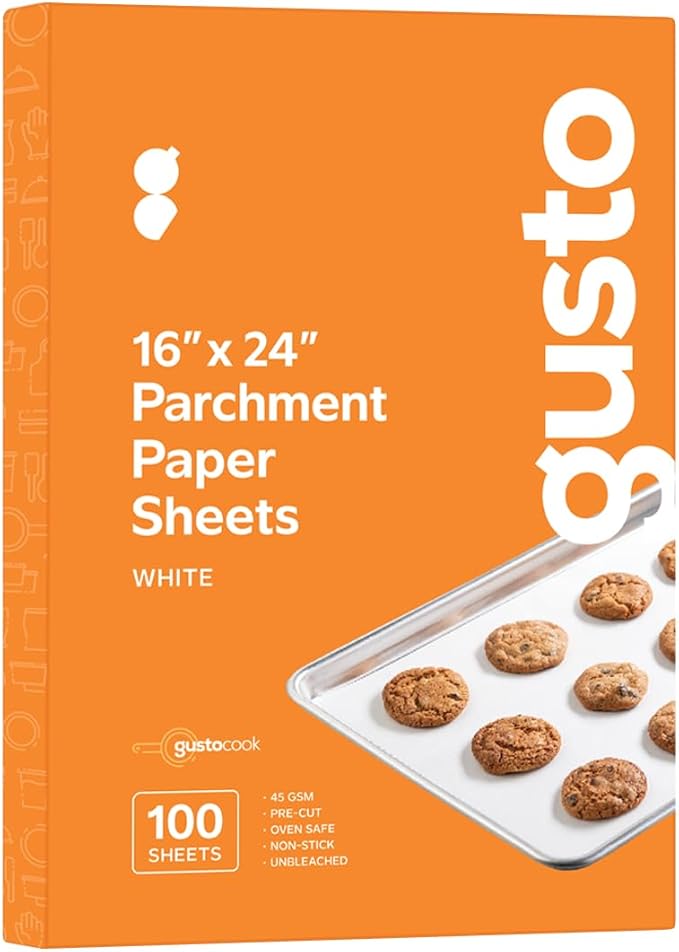 GUSTO [16 x 24 Inch - 100 Count] Pre-Cut Parchment Paper Baking Sheets, Non-Stick, Unbleached, Parchment Paper Sheets for Baking & Cooking - White - Formerly Comfy Package