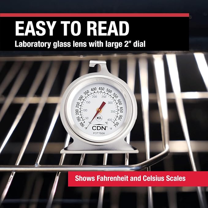 CDN High Heat Oven Thermometer | ProAccurate® | NSF Certified | 100-750°F Range | For Broiling, Roasting, High-Temp Cooking | Lab Glass Lens | POT750X