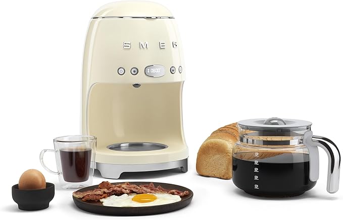 Smeg 50's Retro Style Aesthetic Drip Coffee Machine with 10 Cup Glass Carafe, Auto Start Feature, Keep Warm Plate, and Two Coffee Strength Settings (Cream)