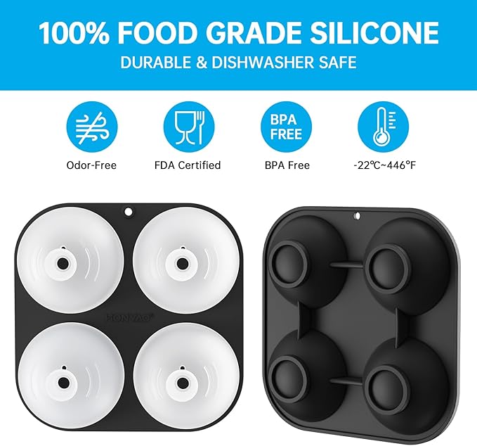HONYAO Silicone Whiskey Ice Ball Mold - 2.4 Inch Large Ice Cube Trays Molds Silicone with Lids - Ice Sphere Maker for Cocktails, Bourbon, Rum - 4 Iceballs