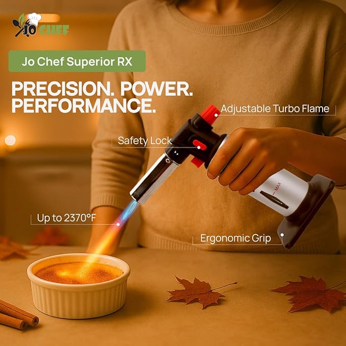 Jo Chef Butane Torch Lighter, Cooking Torch - Refillable Adjustable Flame Lighter with Safety Lock for BBQ, Baking, Brulee Creme, DIY + FREE Recipe eBook (Butane Not Included)