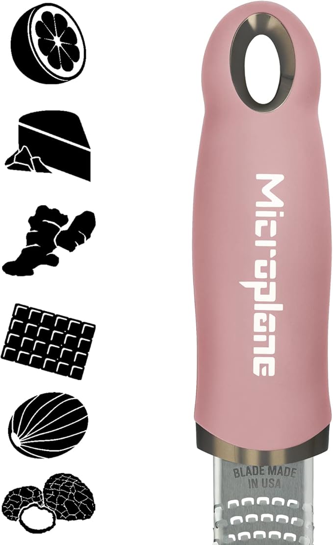 Microplane Zester Grater in Dusty Rose for Citrus Fruits, Hard Cheese, Ginger, Chocolate and Nutmeg with Fine Stainless Steel Blade - Made in USA