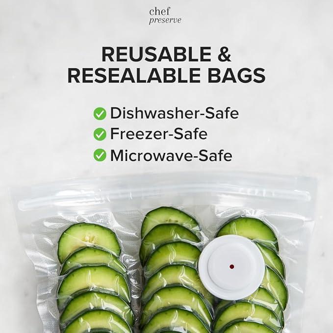 Chef Preserve Reusable Vacuum Sealer Bags for Food – 30 BPA-Free Large (12 x 13 in) Food Storage Bags, Freezer, Microwave – Odor-Resistant, Leak-Proof – Compatible with Chef Preserve Vacuum Sealers