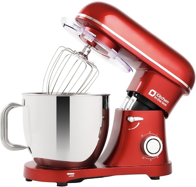 Kitchen in the box Stand Mixer - 6.5 Quart Mixing Bowl with Handle, 900 Watt Powerful Heavy Bread Dough Mixers Tilt-head with Dough Hook, Whisk, Flat Beater and Splash Guard (Red)