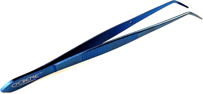 O'Creme Curved Tweezers 6.25 Inch Fine-Point Stainless Steel, Blue