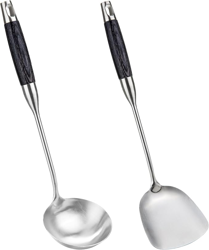 FJNATINH Wok Spatula and Ladle, Heat-Resistant Wok Tools with Wooden Handle Stainless Steel Wok Spatulas Cooking Utensils Set Wok Accessories,2 PCS