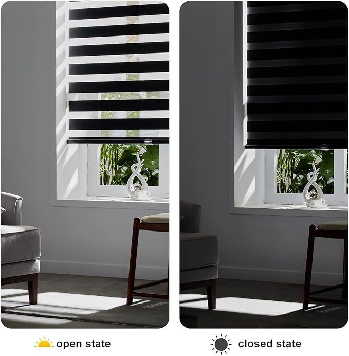 Persilux Cordless Zebra Blinds for Windows Free-Stop Roller Windows Shades (34" W X 72" H, Black) Dual Layer Light Control for Day and Night, Light Filtering Sheer Shades for Home, Easy to Install