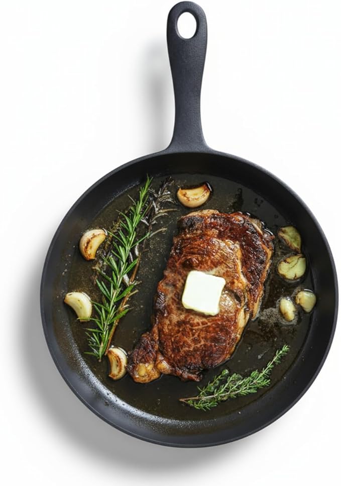 Flambo 12 Inch Smooth Cast Iron Skillet - Naturally Non-Stick, Pre-Seasoned Frying Pan, Smooth Finish for Grilling, Frying, Sauteing, Searing, Baking - Use on Oven, Stove, Grill, or Campfire
