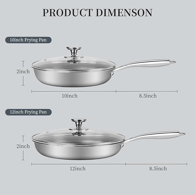 Stainless Steel Frying Pan Set with Lid 10" and 12" Nonstick Honeycomb Coatings Skillet Set 2pcs W/Stay Cool Handle,Works Pan for Cooking with Induction Gas Stovetops