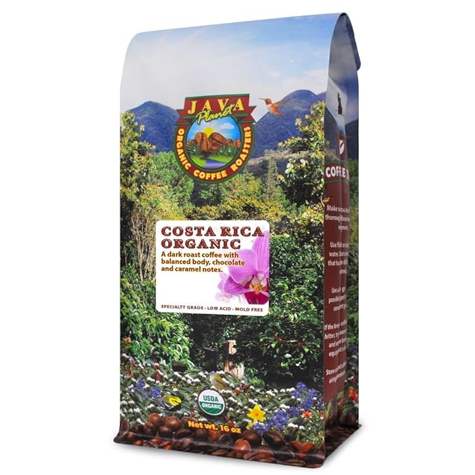 Low Acid Organic Coffee – Whole Bean, Mold-Free & Stomach Friendly by Java Planet, Costa Rican Single Origin Coffee, Dark Roast, Smooth Full Flavored, 1LB Bag