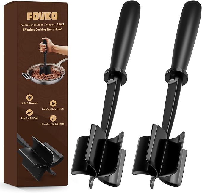 Ground Beef Chopper Tool, 2-Pack Heat-Resistant Meat Chopper for Ground Beef with 5 Curved Blades, Non-Scratch Meat Masher Ground Beef for Hamburger & Potatoes (Black)