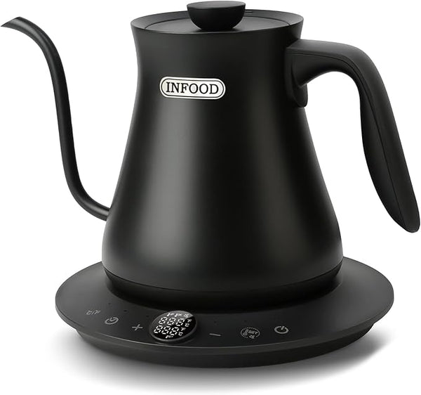 0.8L Gooseneck Electric Kettle, Precise Temperature Control for Pour Over Coffee & Tea, 1200W Fast Boiling Water, Auto Shut Off, Scheduling, Stainless Steel, Black