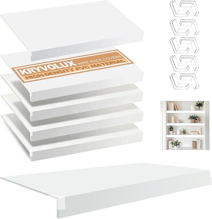 5 Pcs Wire Rack Covers 32x16x2.5 inch PVC Pantry Shelf Cover 0.31 inch Thick Removable Closet Wire Rack Shelf Covers,Decoration Kitchen Bathroom Office Shelving (Light Luxury White,32x16x2.5inch)