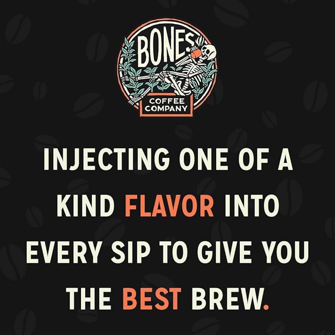 Bones Coffee Company Toffee Almond Crunch, Toffee Almond Flavored Coffee, Medium Roast Low Acid Arabica Beans Compatible with Auto drip and French Press Coffee Maker, 12 Oz Whole Bean