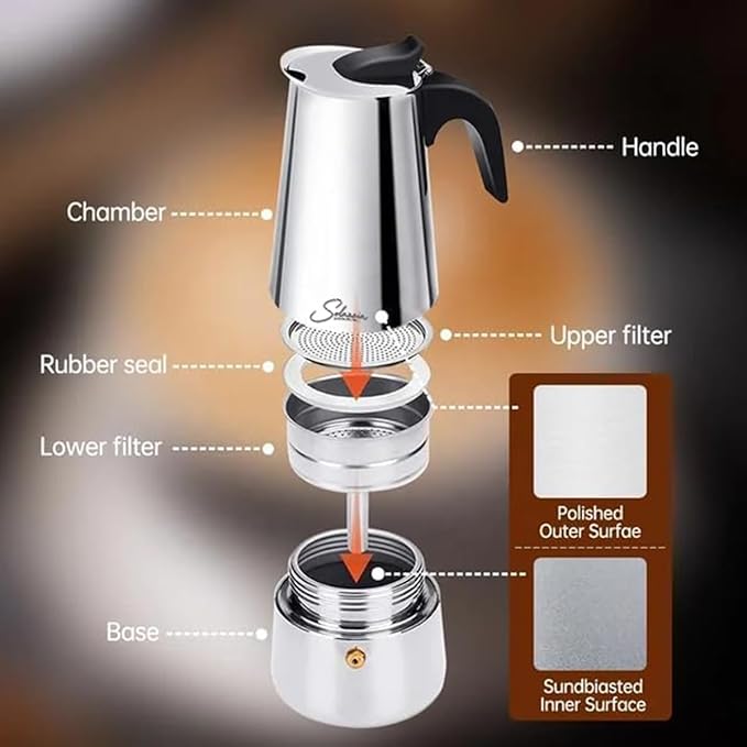 Coffee Maker 4 Cup Moka Pot Stainless Steel Percolator coffee pot Espresso Maker, Compatible with Gas, Electric, Ceramic, and Induction stovetops(6.6 fl oz/200 ml)