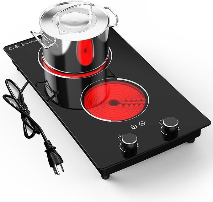 110v Electric Cooktop 2 Burners, 12'' Electric Stove Top with Plug in, GTKZW Knob Control Countertop & Built-in Ceramic Cooktop, 9 Power Levels, Child Lock, Timer, Over-Heat Protection