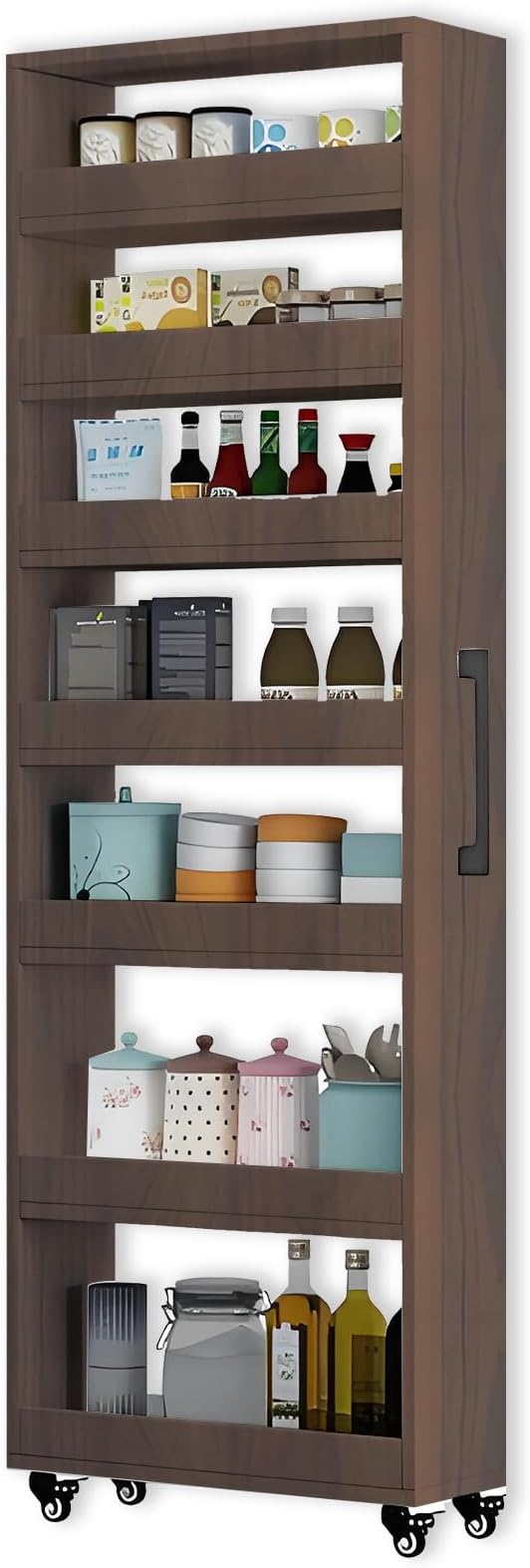 7-Tier Slim Storage Cart, Wooden Rolling Pantry Cabinet with Wheels, Narrow Shelf Organizer for Kitchen, Bakers Rack, Dining Room, Closet, Small Spaces Teak 47.2" H*5.9" W*23.6" D