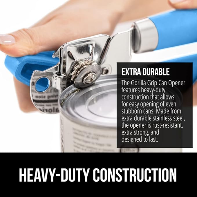 GORILLA GRIP Heavy Duty Stainless Steel Smooth Edge Manual Can Opener and Bottle Openers, Soft Comfortable Handle, Oversized Handheld Turn Knob, US Designed Multifunctional Kitchen Tool, Aqua