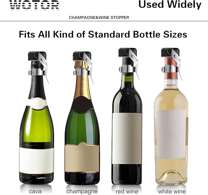 WOTOR Champagne&Wine Bottle Stoppers Stainless Steel with Food Grade Silicone, Leak Proof Keep Fresh Reusable Saver, Cork Suitable for Wine, Champagne, Cava, Prosecco and Sparkling (4 Pack Silver）