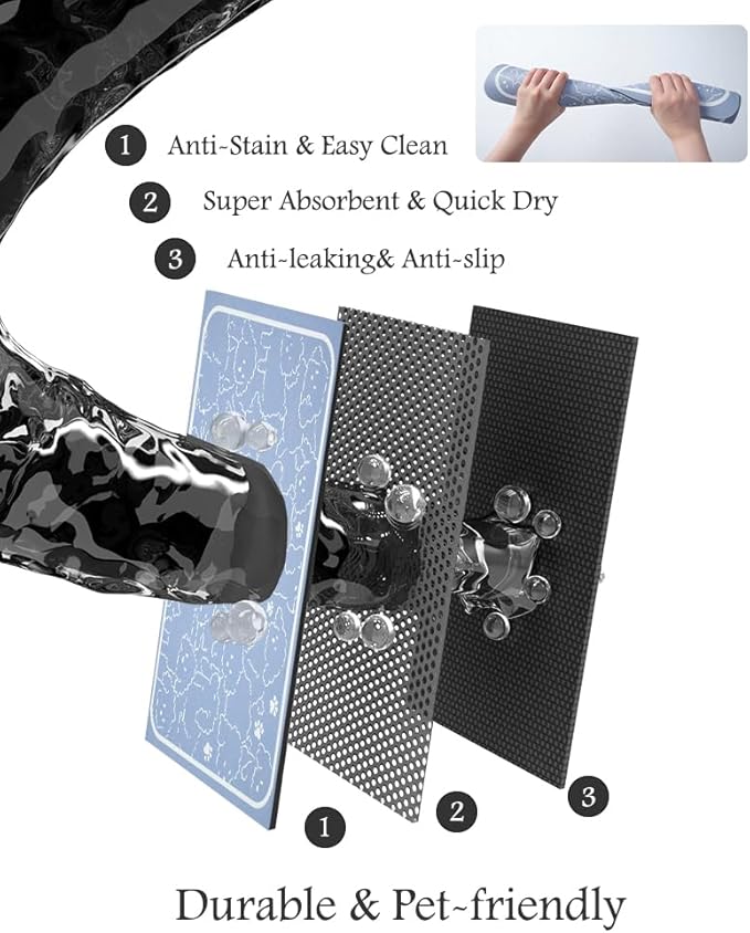 Pet Feeding Mat-Absorbent Dog Mat for Food and Water Bowl-No Stains Quick Dry Water Dispenser Mat-Dog Accessories Pet Supplies-Bowl for Messy Drinkers（BLUEDOGS,17"x34"