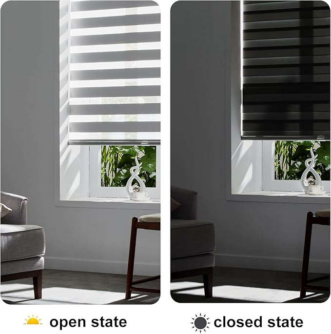 Persilux Cordless Zebra Blinds for Windows (33" W X72 H, Grey) Free-Stop Roller Windows Shades Dual Layer Light Control for Day and Night, Light Filtering Sheer Shades for Home, Easy to Install
