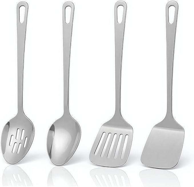 Cooking Utensils Set 4pcs - Stainless Steel Kitchen Utensils, Heavy Duty Metal Utensils Set with Stainless Steel Spatula Set Wok Spatula, Serving Spoons, Ergonomic Handle and Dishwasher Safe
