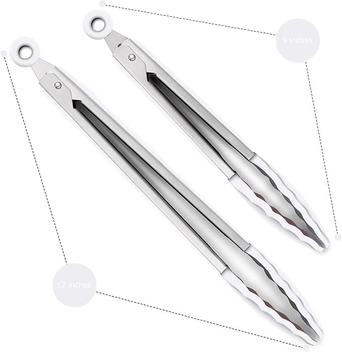 Premium Silicone Set of 2 Cooking Tongs, 9-Inch & 12-Inch BPA Free Non-Stick Stainless Steel BBQ Grilling Locking Food Tong, Light Grey