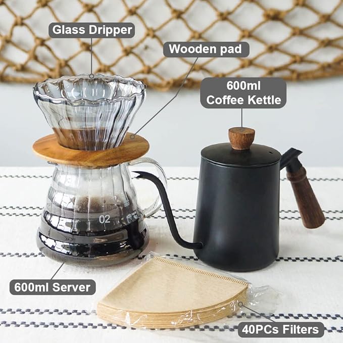SOTECH Pour Over Coffee Maker Set with Black Gooseneck Kettle, Wooden Pad Holder, Coffee Dripper Server, DIY Manual Portable Coffee Maker Set
