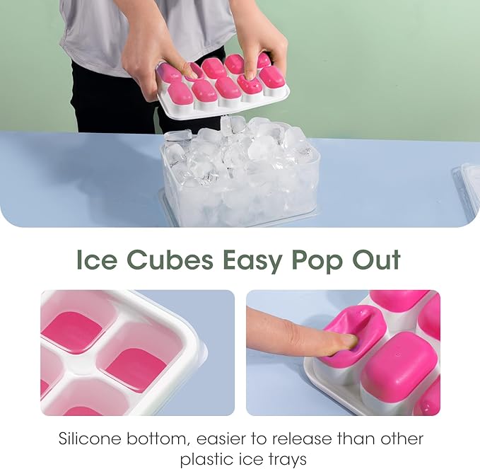 DOQAUS Ice Cube Tray with Lid and Bin, 4 Pack Silicone Plastic Ice Cubes Trays for Freezer with Box/Container, Stackable with Storage Iced Bucket Kits, Scoop, for RV, Soup, Food, Cocktail, Coffee