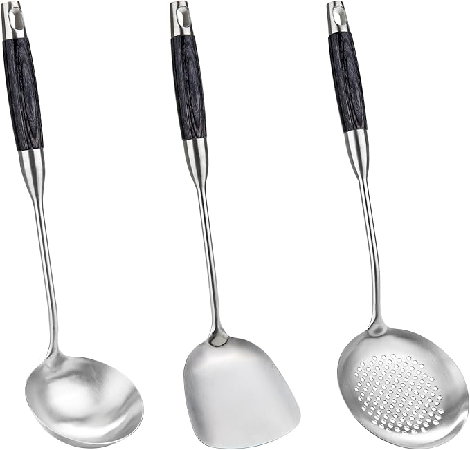 FJNATINH Wok Spatulas Soup Ladle Skimmer Ladle Set, Stainless Steel Wok Tools with Wooden Handle Wok Accessories Sets Cooking Utensils,3 PCS