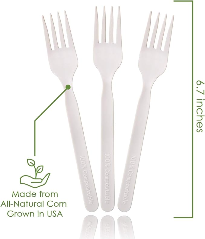 100% Compostable Forks - 140 Large Disposable Utensils (7 in.) Eco Friendly Durable and Heat Resistant Alternative to Plastic Forks with Convenient Tray by Ecovita