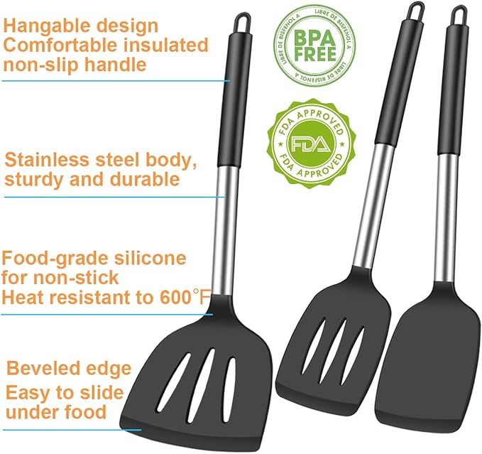 3Pcs Silicone Spatula Set Heat Resistant Spatulas for Nonstick Cookware Fish Turner Plastic Spatulas Rubber Wok Spatula, Long Large Spatula Silicone Cooking Use Kitchen Utensils Set