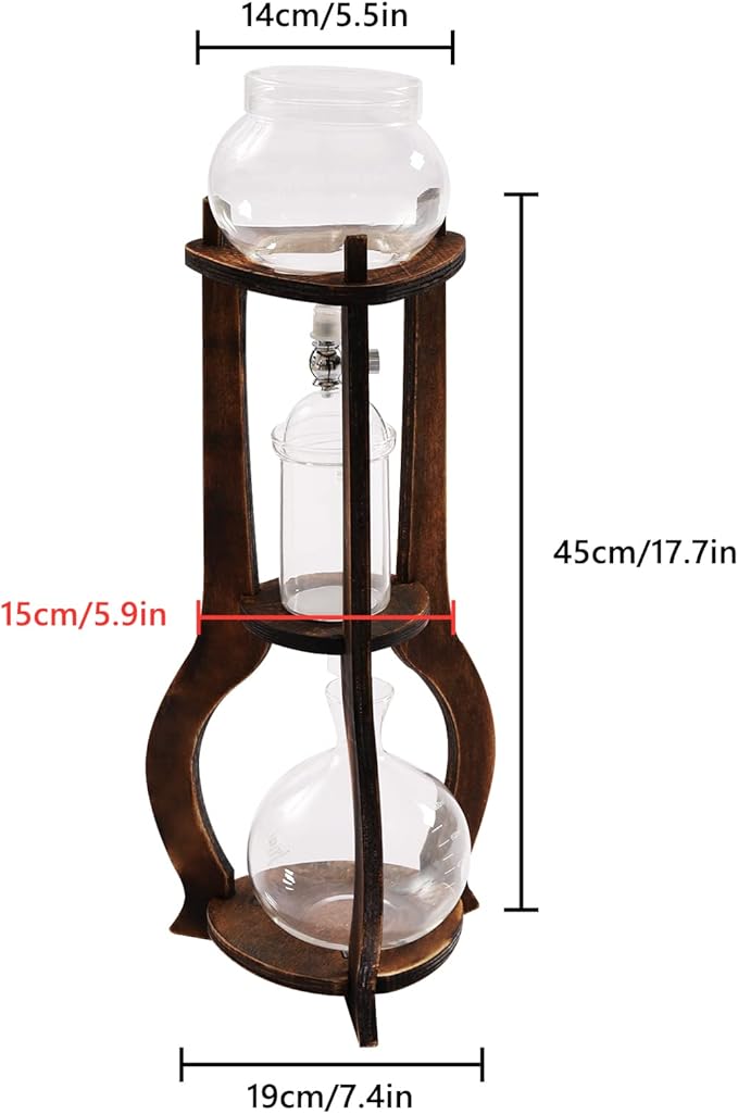 Cold Brew Coffee Maker, 600 ml/20.29 oz Iced Coffee Tower Dripper Coffee Maker & Tea Maker 6-8 Cups, High Borosilicate Glass, Wood, 304 Stainless Steel, Copper - for Home Office (Brown)