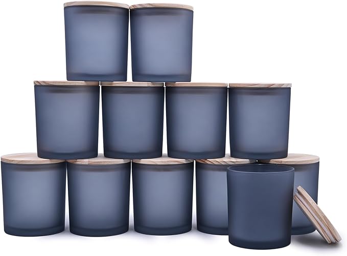 SHOWIN 14 OZ Thick Candle Jars for Making Candles 12 Pcs, 3 Wick Empty Jars with Wood Lids for Candle Making, Sample Container, Frosted Grey