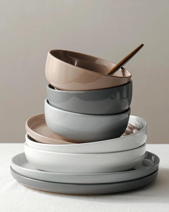 Famiware Milkyway Dinnerware Set with Mugs, Service for 4 (16pcs), Ribbed Stoneware Plates and Bowls Dishes Sets - Chip & Scratch Resistant, Microwave & Dishwasher Safe, Multi-color