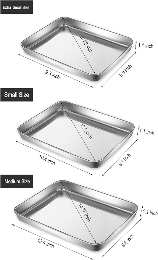 Small Cookie Baking Sheet Pans Stainless Steel 304 Tiny Serving Tray 12.4 x9.6 x1.1Inch (Diagonal 14.8) No Rust Dishwasher Safe Bakeware 6 Pack