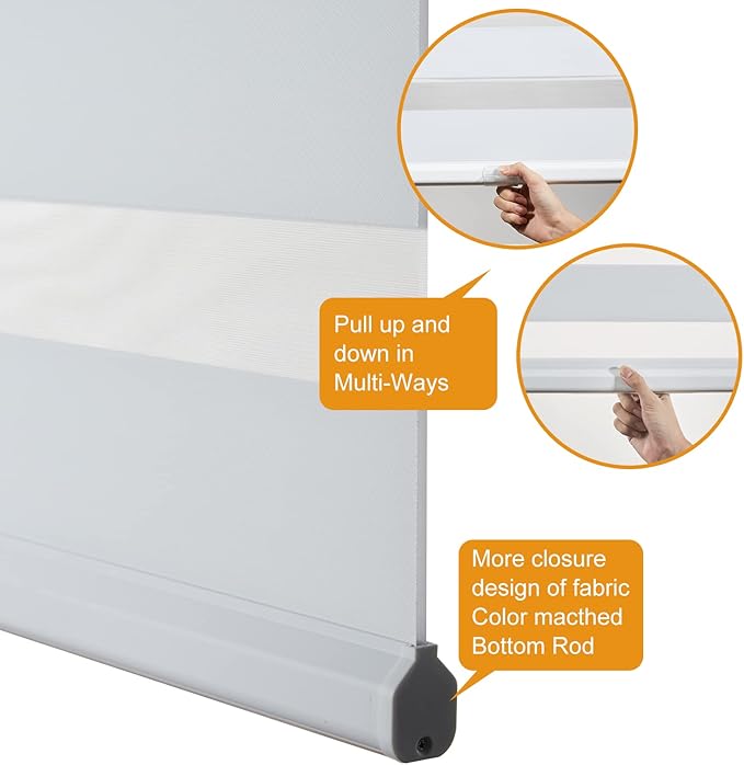 Persilux Zebra Blinds for Windows, Cordless Roller Shades Window Treatments (17" W x 72" H, White) Light Filtering Dual Layer Roller Window Shades Sheer Shades for Home and Office