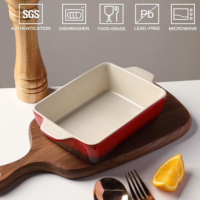 Sweejar Ceramic Baking Dish, Rectangular Small Baking Pan with Double Handles, 20 Oz for Cooking, Brownie, Kitchen, 6.5 x 4.9 x 1.8 Inches (Gradient Red)